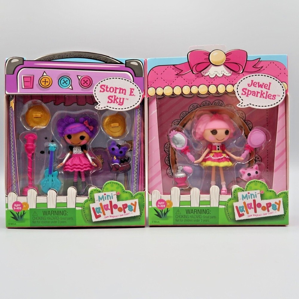 2 Mini Lalaloopsy's 3" dolls & accessories Jewel Sparkles & Storm Sky Lot
